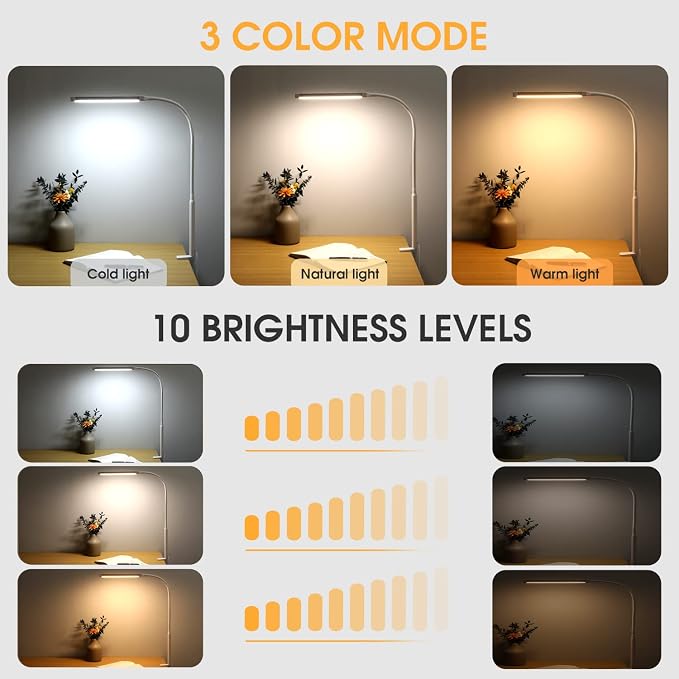 Voncerus LED Desk Lamp with Clamp, Eye-Caring Clip on Lights for Home Office, 3 Modes 10 Brightness, Long Flexible Goose-Neck, Metal, Swing Arm Architect Task Table Lamps with USB Adapter, White | 3 Modes 10 Brightness, Long Flexible Goose-Neck, Eye-Ca... - Image 2