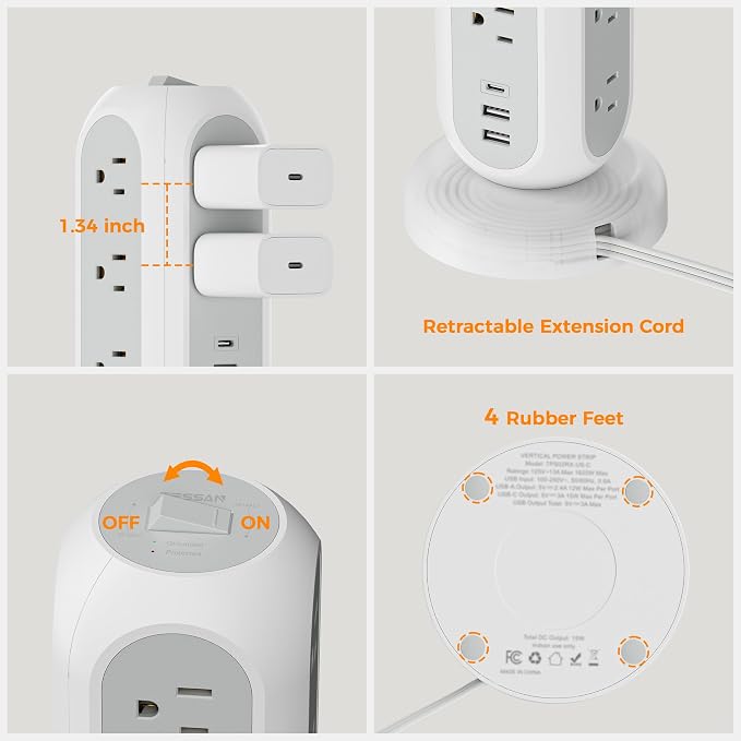 TESSAN Tower Power Strip Flat Plug with 1050J Surge Protection, 5 Ft, Grey | 11 Outlets 3 USB (1 USB C), Surge Protector Power Tower, Retractable Extension Cord with Multiple Outlets for Dorm, Office - Image 9