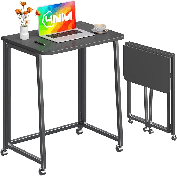 4NM 23.6" Mobile Small Folding Desk, Foldable Rolling Computer Home Office Desk, Study Writing Table for Small Space Saving Bedroom, with Wheels - All Black by 4NM
