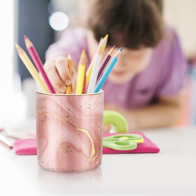Large Capacity Colored Pen Holder for Desk, Ceramic Pencil Holder Pen Cup Marker Holder Makeup Brush Holders, Desk Accessories & Workspace Organizers for Home, Office, Red Marble - Image 6