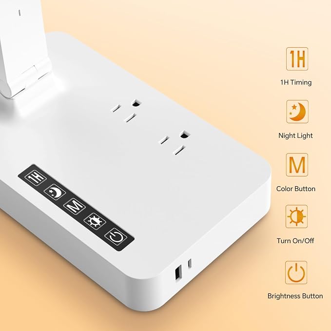 LAOPAO Desk Lamp with USB Charging Port: Power Strip with Surge Protection - 1 Type-C, 1 USB-A Charging Port, 2 AC Power Outlets, Desk Lamps for Home Office College Dorm Room Essentials - Image 4