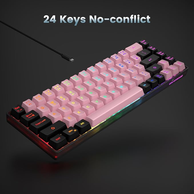 GEODMAER 65% Wired Gaming Keyboard, LED Backlit, Ultra-Compact Anti-Ghosting No-Conflict 68 Keys Membrane Gaming Wired Keyboard for PC Laptop Windows Gamer(Pink-Black) - Image 5