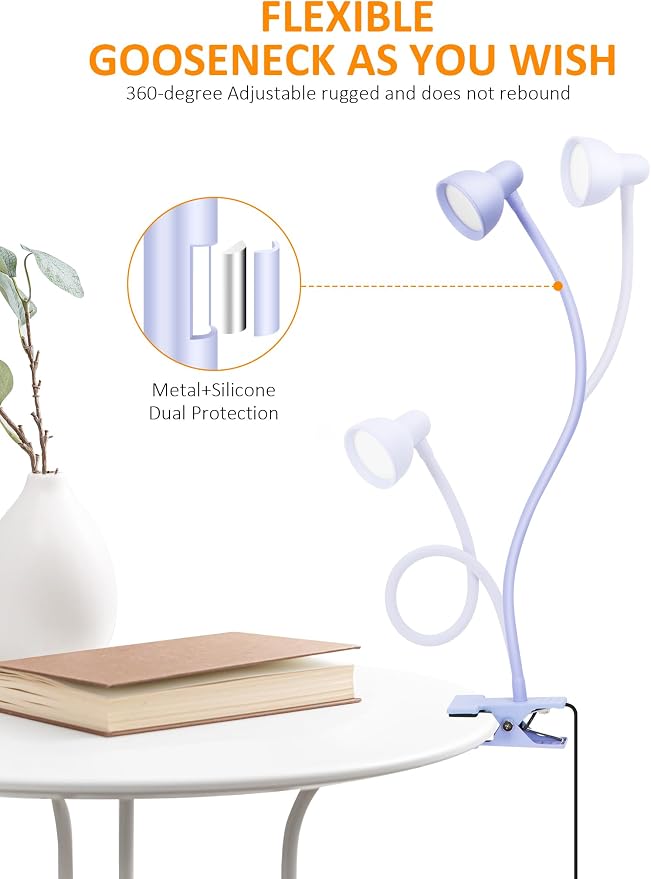 LiFMIRA Desk Lamp Clip on Lamp for Bed, LED Reading Light for Bed Purple | 3 Colors 10 Dimmable Brightness, LED Book Light for Reading in Bed Flexible Clip on Light Clamp Lamp for Bed Headboard Desk - Image 4