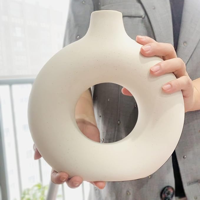CEMABT White Donut Vase Hollow Ceramic Vase for Flowers Handmade Minimalist Boho ins Style Modern Home Decor for Wedding Dinner Table Party Living Room Office Bedroom（L，White） - Image 3
