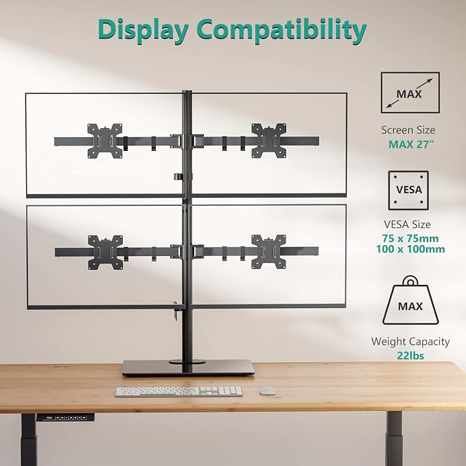 WALI Freestanding Quad Monitor Mount for 17-27 Inch Screens, Fully Adjustable 4 Monitor Stand with Swivel, Tilt, Rotation, Glass Base, Max Load 22 lbs per Arm (GMF004), Black - Image 3