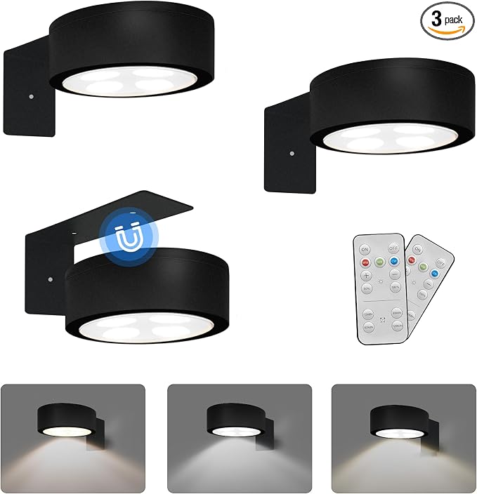3-Pack Battery Operated Picture Light Magnetic Painting Light with 3 Lighting Modes,Remote and Dimmable Timer Art Display Light for Picture Artworking Frame Portrait,Wireless Wall Decor Puck Lights by Xuolder