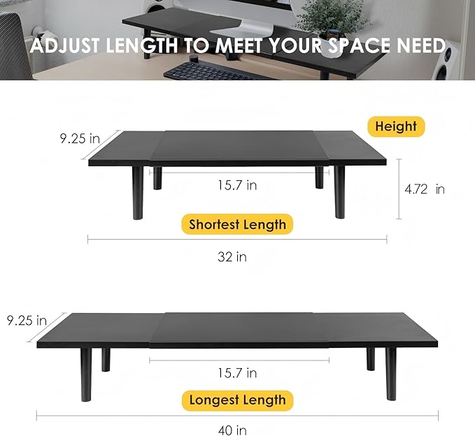 Across-Star Dual-Monitor-Stand-Riser-For-Desk Adjustable Length 32-40 Inch，Large Desktop Computer Monitor Riser For 2 Screens，Desk Shelf Organizer Riser Stand For Computer/Laptop/PC/Printer/TV Black - Image 3