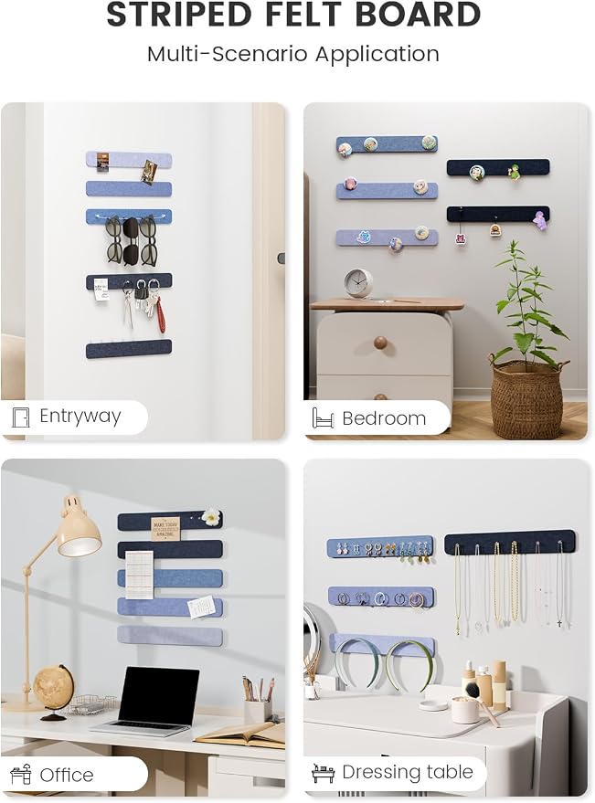 Fluxynara 13" x 2" Felt Wall Panels, Denim Mist | 5-Pack Cork Board Alternative with 35 Push Pins, Adhesive Mounting for Bedroom Door or Home Office - Image 6