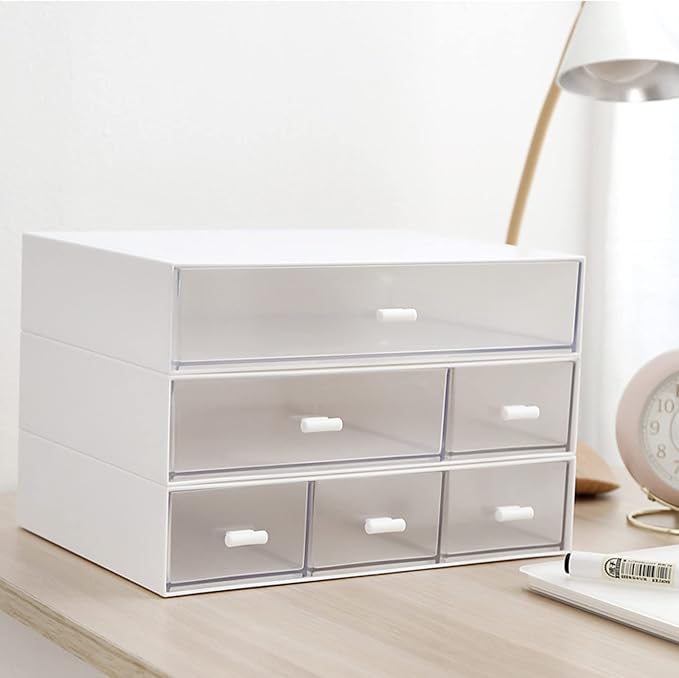 Desk Organizer-3 Tier Stackable Storage Drawers with 6 Compartments White Compact Desk Storage Drawers Great for Makeup Storage Bathroom Organization Accessories Etc (White) - Image 3