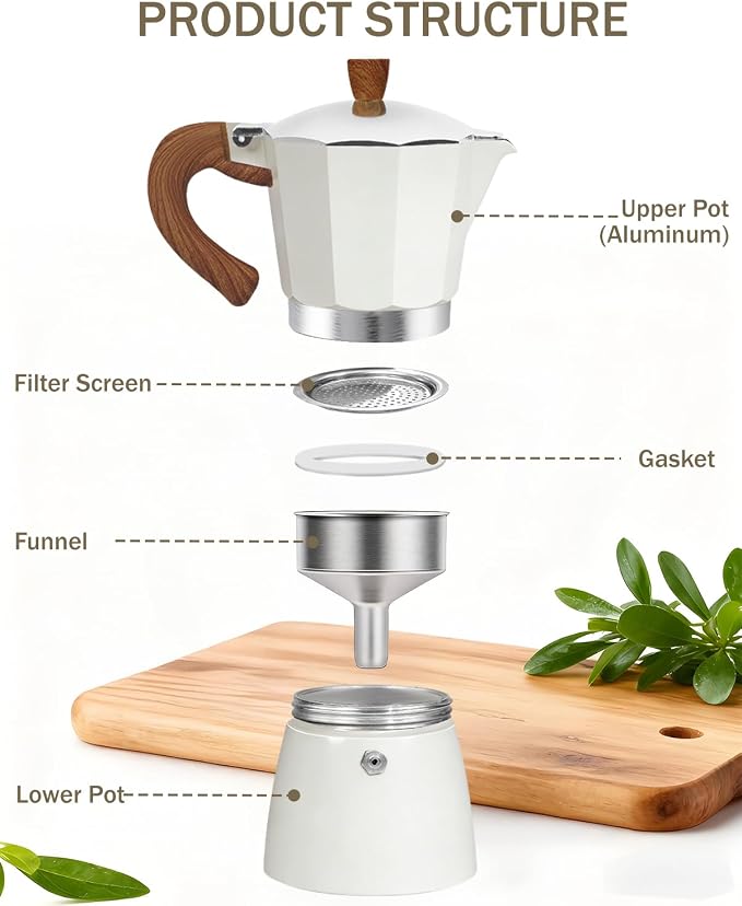 Coffee Maker Stovetop Espresso Maker 6 Cup Aluminum Moka Pot Percolator 10oz 300ml Easy Brewing for Electric Ceramic Stoves Home Camping Italian Cuban Café Classic White - Image 8