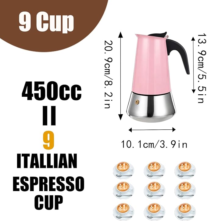 9 Cup Stovetop Espresso Maker Stainless Steel Moka Pot Stove Top Percolator Italian Coffee Makers Capable Mocha Greca Machine Cafe Classic Induction Cookers for Home and Camping 450ml 15oz - Image 2