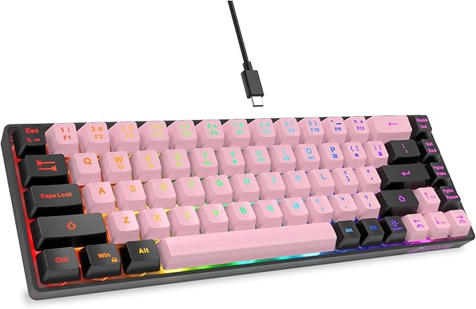 GEODMAER 65% Wired Gaming Keyboard, LED Backlit, Ultra-Compact Anti-Ghosting No-Conflict 68 Keys Membrane Gaming Wired Keyboard for PC Laptop Windows Gamer(Pink-Black) by GEODMAER
