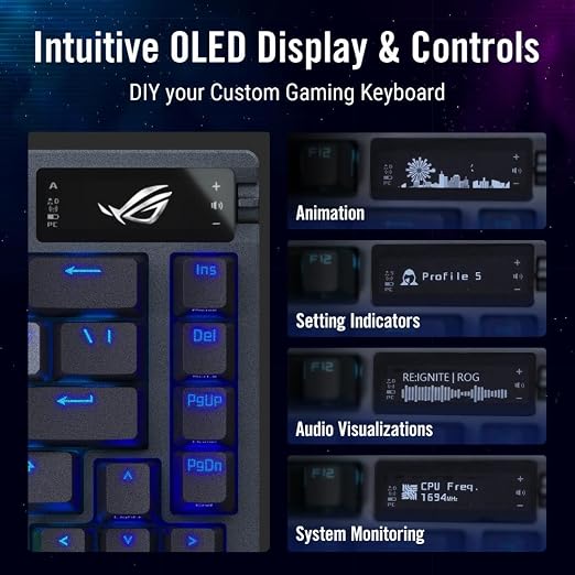 ASUS ROG Azoth Wireless Mechanical Gaming Keyboard – 75% TKL, Tri-Mode Connectivity, Hot Swappable Pre-lubed ROG NX Snow Linear Switches, PBT Keycaps, RGB, OLED Display, PC/Mac Support - Black - Image 3