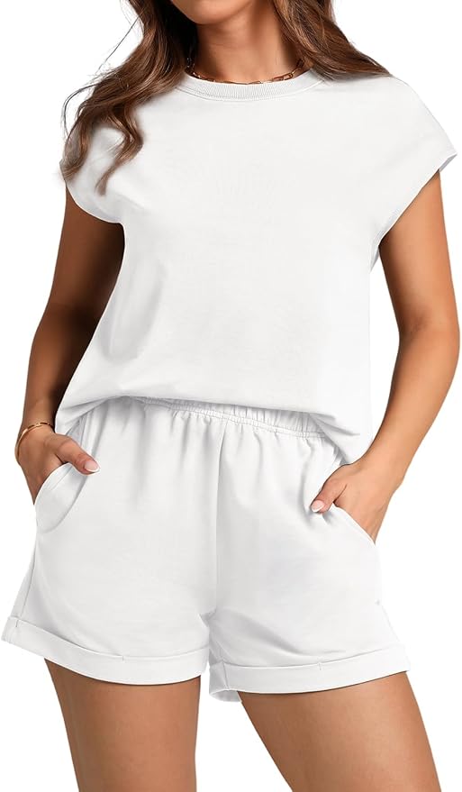WIHOLL 2 Piece Sets for Women Casual Summer Travel Vacation Outfits Cap Sleeve Shorts Lounge Set - Image 2