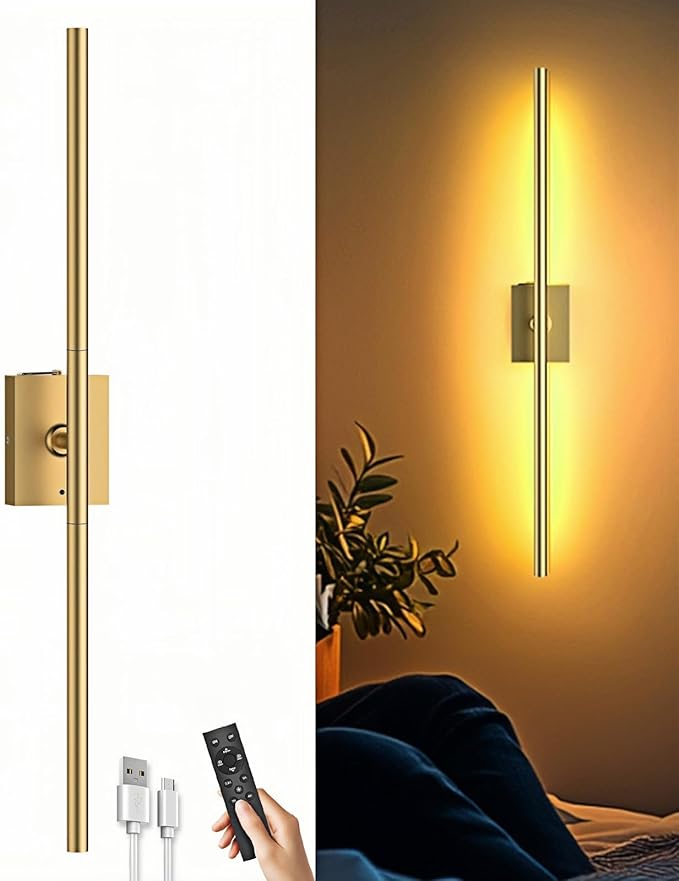 iThird 1 Pack Battery Operated Wall Sconce, Wireless Battery Wall Sconce with Remote Control, Gold LED Rechargeable Sconces, 31.5 Inch Modern Cordless Wall Lights for Bedroom Living Room Picture by iThirdHomeOutdoorLighting