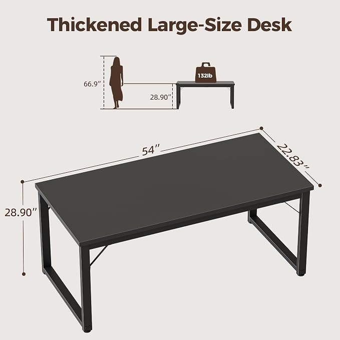 Mericonia 54 Inch Computer Desk, 1" Thick Large Office Table, Black | Modern Simple Style, Heavy Duty Industrial Frame, Study & Writing Table for Home Bedroom Work - Image 2