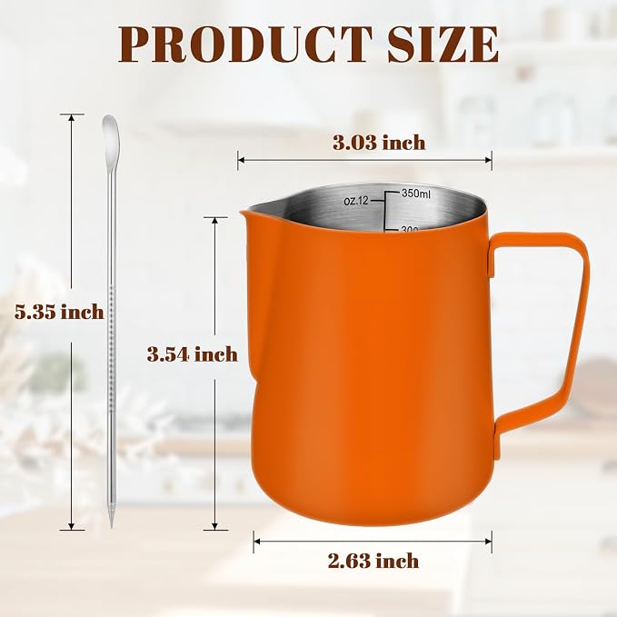 Amrules Milk Frothing Pitcher, 12 oz Milk Frother Cup with Clear Scale, 304 Stainless Steel Cappuccino Espresso Machine Accessories for Barista Coffee Bar with Latte Art Pen, Orange - Image 2