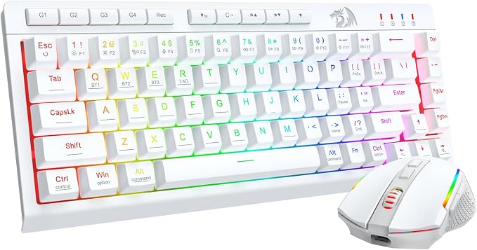 Redragon Wireless Gaming Keyboard and Mouse Combo, 60% Portable, White | Bluetooth/2.4G/USB-C Wired, RGB Backlit, Quiet Rechargeable Macro Membrane Keyboard & 12800 DPI Mouse for Win/MAC by REDRAGON