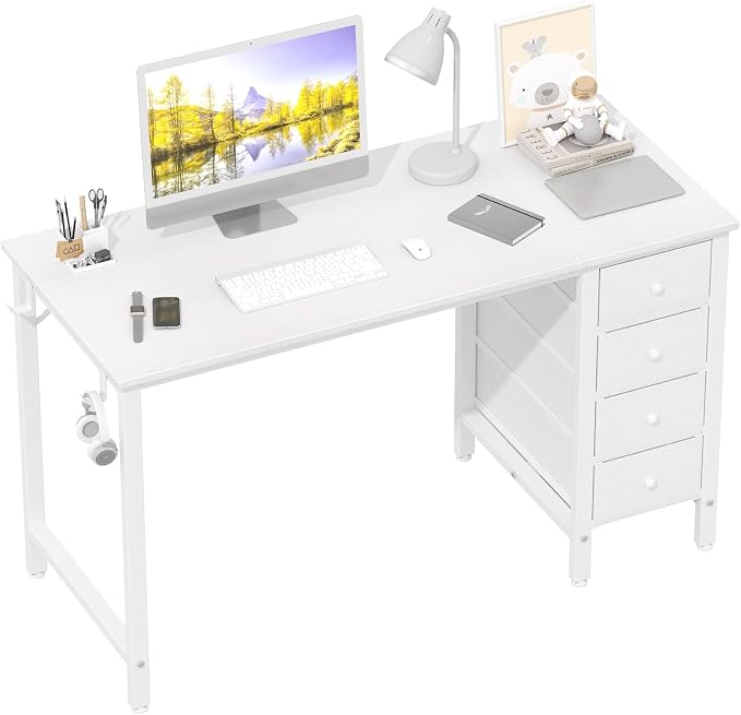 Lufeiya White Computer Desk with Drawers, 47 Inch Reversible Study Work Writing Desk for Home Office Bedroom, Simple Modern Cute PC Desks with Fabric Drawer, White by LUFEIYA