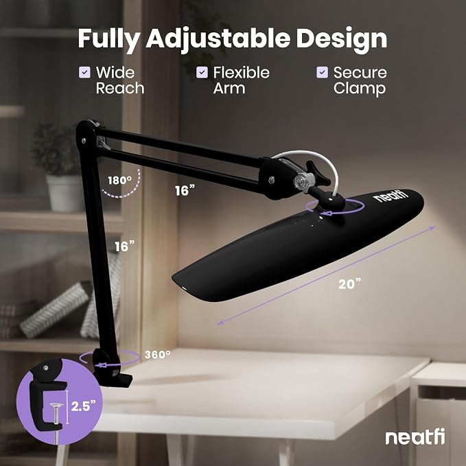 Neatfi XL 2200 Lumens 24W LED Desk Lamp – Shadow-Free Task Lighting | 4-Level Dimming | Home Office & Crafts Use | 20-Inch Wide Head (Black, Non-CCT with Clamp) - Image 7