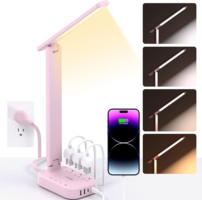 LED Desk Lamp, Power Strip with 4 USB 3 Outlets, Dorm Room Essentials, Pink | One Beat 4 Modes 5 Level Brightness Touch Lamp, Small Desk Lamp for Home Office College Dorm Essentials, Study Reading Light by OneBeat