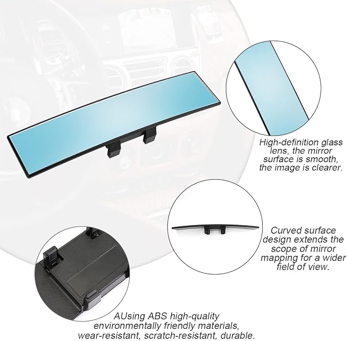 Car Rearview Mirror, 12 Inch Panoramic Wide Angle Anti-Glare, Clip on Auto Rear View Mirror, HD Clear Convex Surface, Car Interior Accessories Universal for SUV, Truck, Van, Vehicles (Blue) - Image 3