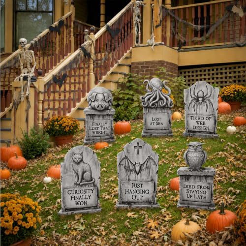 6 Pack Halloween Graveyard Decorations Outdoor, Funny Animal Cemetery Yard Signs with Stakes, Spooky Cat Bat Spider Owl Pig Tombstones, 11" x 17" Lawn Yard Signs for Halloween Outdoor Décor - Image 5