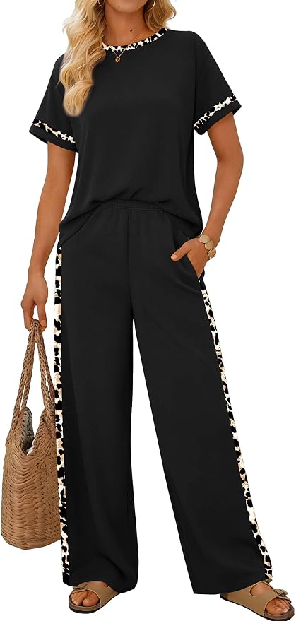 Sampeel 2 Piece Sets for Women Matching Sets Summer Outfits Resort Wear Short Sleeve Lounge Set Wide Leg Pants with Pockets - Image 2