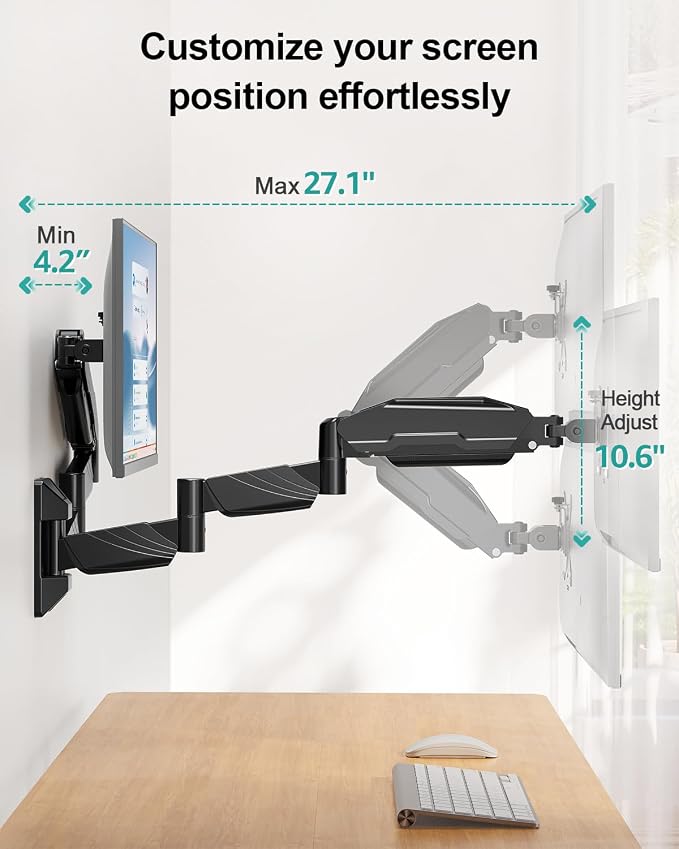 Long Arm Dual Monitor Wall Mount, Gas Spring Wall Monitor Arm for 17-32" Screens, 27.1" Extra Long Monitor Mount, Holds up to 17.6 lbs Each, Full Motion VESA Mount, 75/100, Black - Image 6