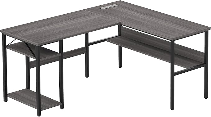 Unikito Reversible L Shaped Desk with Magic Power Outlets and USB Charging Ports, Sturdy Corner Computer Desk with Storage Shelves, Gaming Table Home Office Desk, Easy to Assemble, Enoch Walnut - Image 9