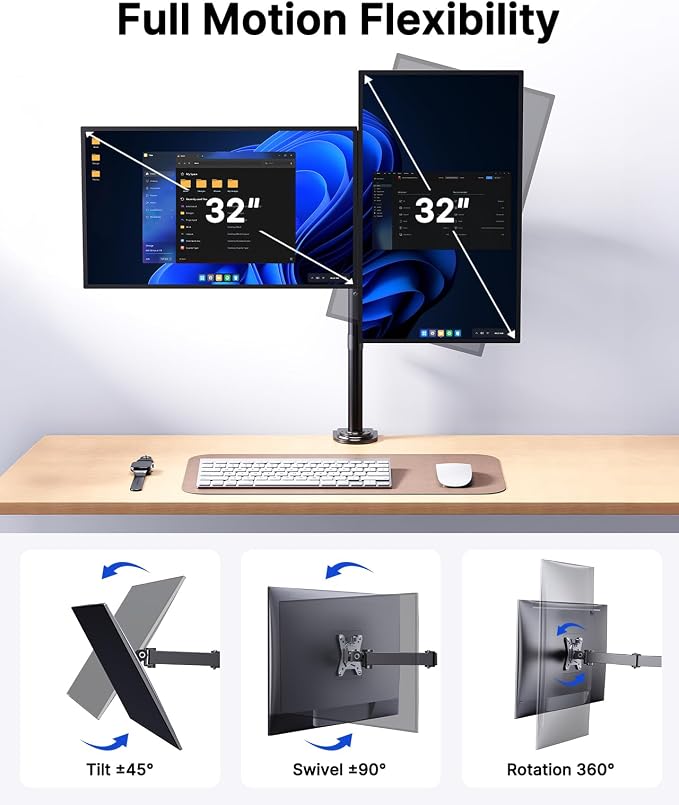 HUANUO Dual Monitor Stand for 13-32 Inch Screens, Tall Pole Desk Mount,Larger Base, Ideal for Sit-Stand Workstations, 22 lbs per Arm, VESA 75x75/100x100mm, Tilt Swivel Rotation, Cable Management - Image 3