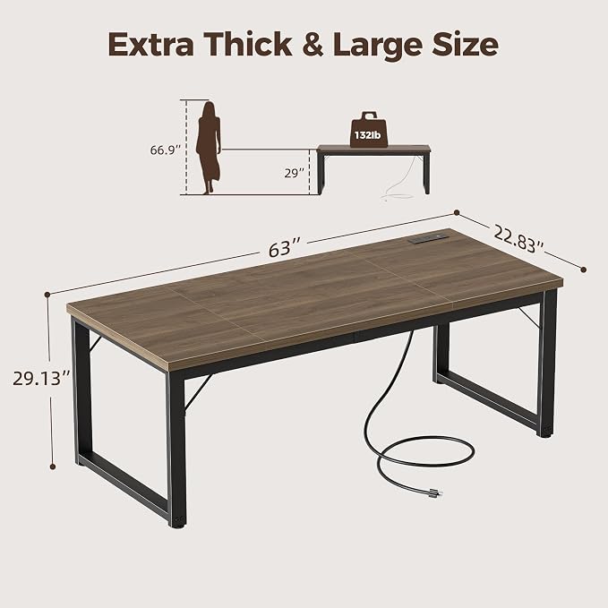 Mericonia 63 Inch Computer Desk with Power Outlets, 1.2" Thick Office Table | Modern Simple Style, Heavy Duty Industrial Frame, Large Study & Writing Table for Home Bedroom Work, Walnut - Image 2
