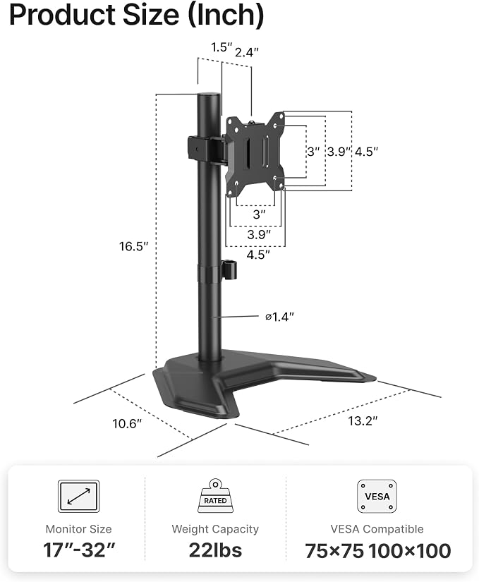 monTEK Freestanding Single Monitor Stand for 17-32" Screens, 22 lbs | Solid V-shaped base, single-screen full-motion arms, height adjustment, tilt, swivel, rotation and VESA 75/100 - Image 7