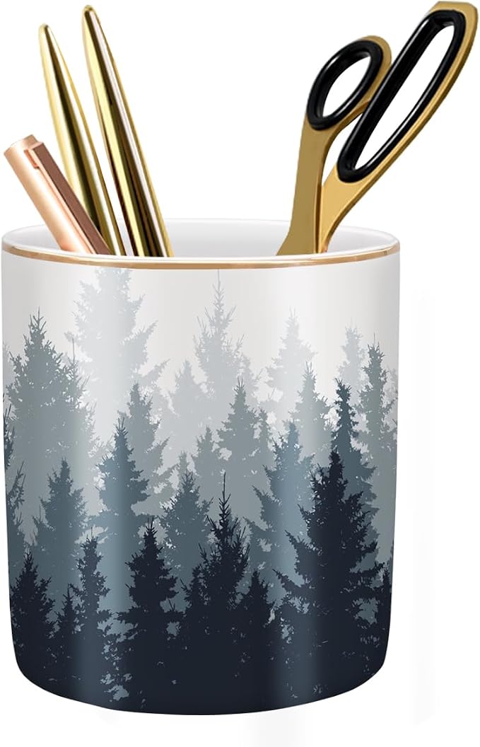 Large Capacity Pen Pencil Holder for Desk, Ceramic Pens Cup Cute Makeup Brushes Holder, Unique Desk Multifunctional Pen Organizer for Home, Office, and School, Forest Pattern by WAVEYU