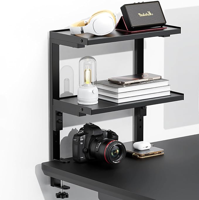 Spacrea 2 Tier Clamp on Desk Shelf | Office Desk Shelves Organizer, Wood Desktop Supplies Storage Rack, Desk Organizers and Accessories (Black) by Spacrea