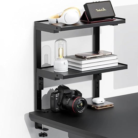 Spacrea 2 Tier Clamp on Desk Shelf | Office Desk Shelves Organizer, Wood Desktop Supplies Storage Rack, Desk Organizers and Accessories (Black) by Spacrea