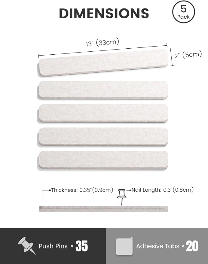 Fluxynara 13" x 2" Felt Wall Panels, Oatmeal | 5-Pack Cork Board Alternative with 35 Push Pins, Adhesive Mounting for Bedroom Door or Home Office - Image 2