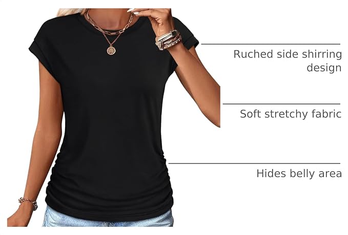 Sampeel Womens Summer Tops Trendy 2026 Ruched Cap Short Sleeve Tshirts Shirts Crew Neck T Shirts Fashion - Image 4