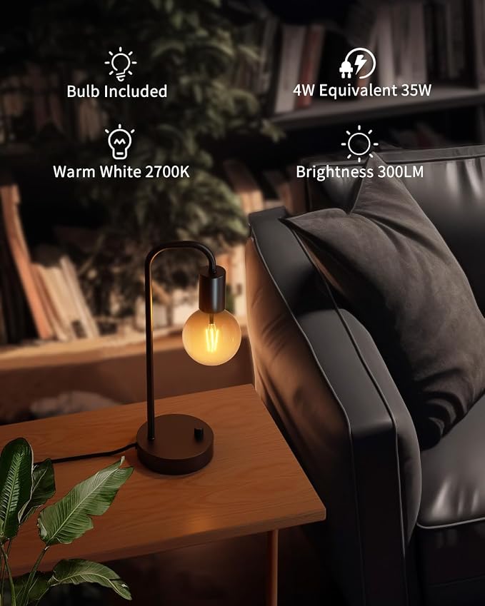 ONEWISH Industrial Table Lamp with 2 USB Port, Fully Dimmable Nightstand Bedside Lamps for Bedroom,Desk Lamps with 2700K Black Gradient Bulb for Reading Living Room,Office - Image 4