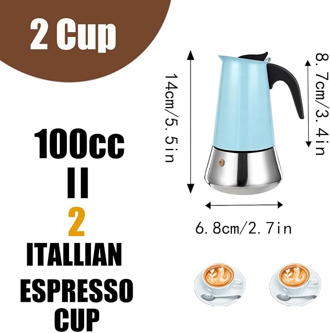 2 Cup Stovetop Espresso Maker Stainless Steel Moka Pot Stove Top Percolator Italian Coffee Makers Capable Mocha Greca Machine Cafe Classic Induction Cookers for Home and Camping 100ml 3.3oz - Image 3