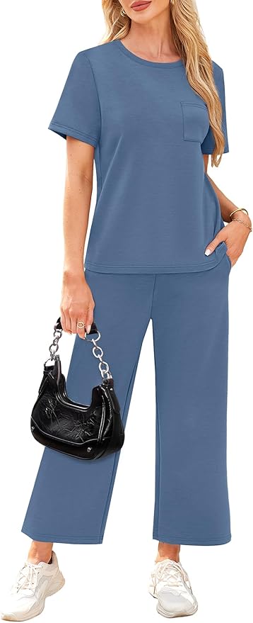 WIHOLL 2 Piece Sets for Women Casual Summer Travel Vacation Outfits Short Sleeve Wide Leg Crop Pants Lounge Sets - Image 4