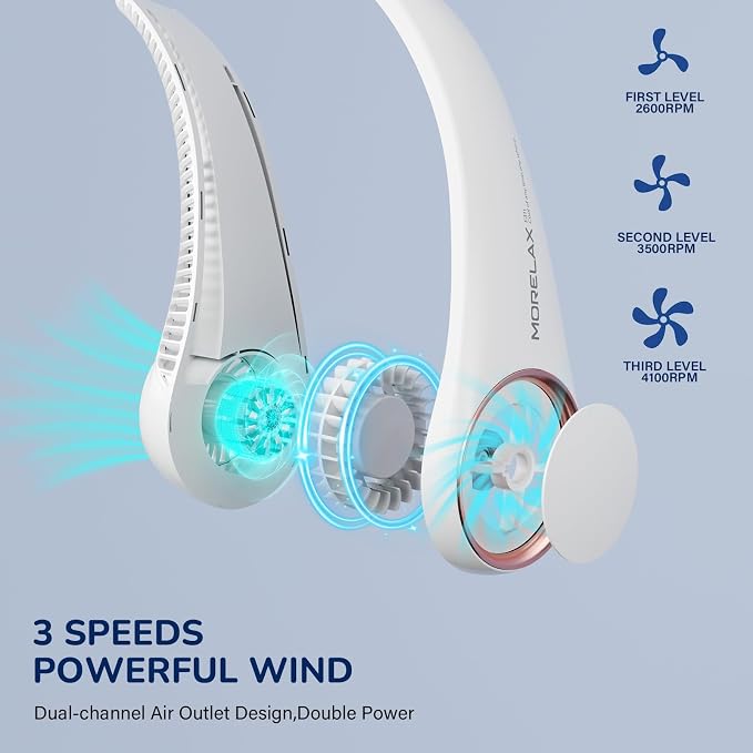 Morelax Neck Fan, USB Rechargeable Personal Fan,Hand Free Bladeless Portable Fans,4000 mAh, 3 Speeds,72 Air Faster softer 360° Cooling, Ultra Quiet,Gift Suitable for Home, Office, Travel, Sports - Image 3