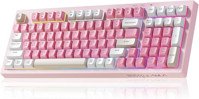 LEOBOG x Aula Pink Keyboard Wireless Creamy Computer Gaming Keyboards | Silent Membrane Keyboard, 98 Keys 2000mAh Quiet Creamy Keyboard with Number Pad, Rechargeable, for PC Mac Office Dorm Rooms by LEOBOG