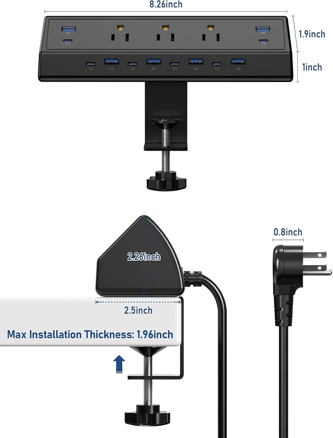 Jgstkcity 130W Desk Clamp Power Strip, 12 USB Ports (6 PD 65W USB-C),Surge Protector,ETL Listed Power Hub Extension Cord,Fast Charging Station for Home Office Desk Edge Mount (Black, 12 USB-130W) - Image 7