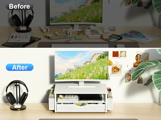 Spacrea Desk Organizer and Accessories, Computer Monitor Stand Riser with Drawer and 2 Pen Holders, Office Desk Accessories & Workspace Organizers for Office Supplies (White) - Image 2