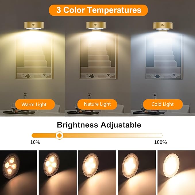3Pack Picture Light Battery Operated Painting Lights for Wall Wireless Magnetic Display Art Light with Remote Control,Dimmable&Timer Portrait Light for Art Frame Artworking,Wall Decor Puck Lights-Gold - Image 3