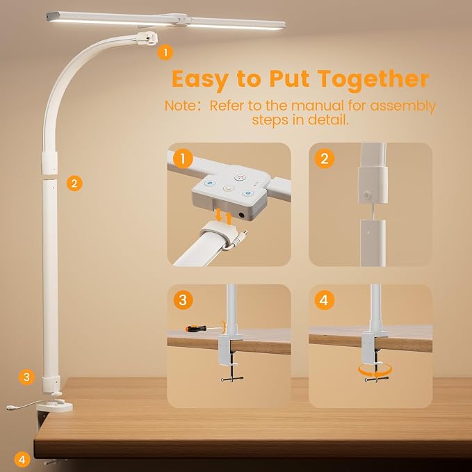 LED Desk Lamp - Bright Dimmable Computer Lamp, 24W Bendable Desk Light for Monitor Screen, Eye-Caring Tall Desktop Light for Task Home Office Work, White, Dual Head - Image 7
