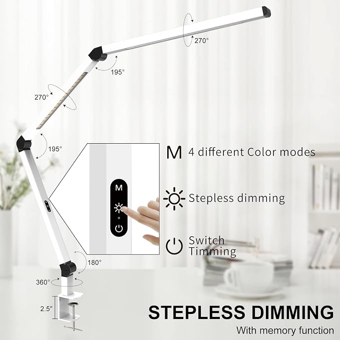 Micomlan LED Desk Lamp with Clamp, Dual Light Table Lamp with Adjustable Swing Arm, Eye-Care 4 CCT Modes & 5 Brightness Levels Clip-on Architect Modern Desk Light for Home Office Crafting Sewing - Image 3
