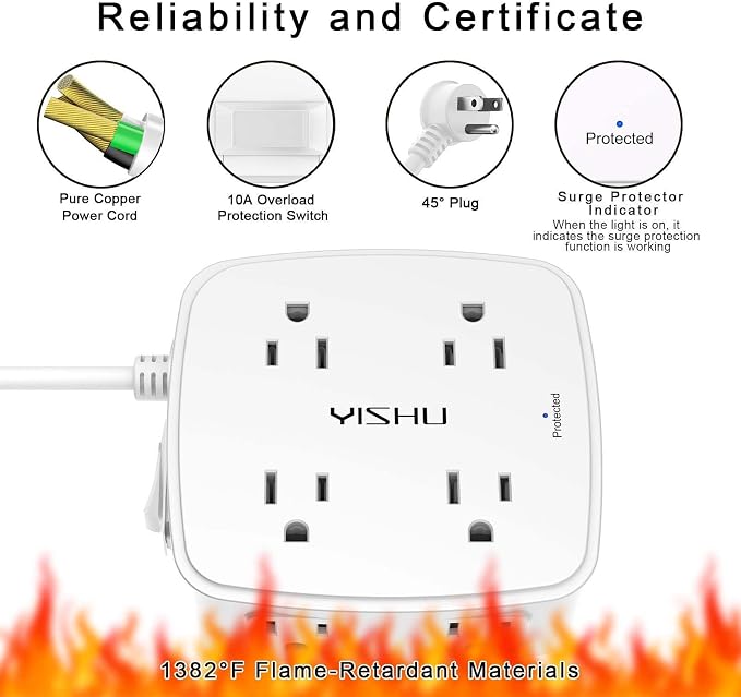 6 Ft Surge Protector Power Strip - 8 Widely Outlets with 4 USB Ports, 3 Side Outlet Extender with 6 Feet Extension Cord, Flat Plug, Wall Mount, Desk USB Charging Station, ETL,White - Image 6