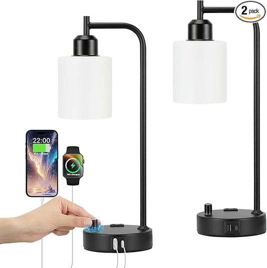 Industrial Bedroom Lamps for Nightstand Set of 2 - Fully Dimmable Bedside Lamps with USB A C Ports and Outlet, Black Table Lamps with Opal Glass Shade for Living Room, Desk Lamps for Office Reading by Innqoo
